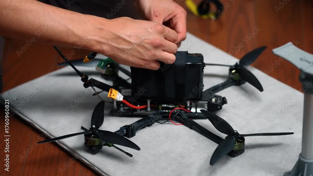 A person carefully assembles the components of a fpv drone, screwing ...