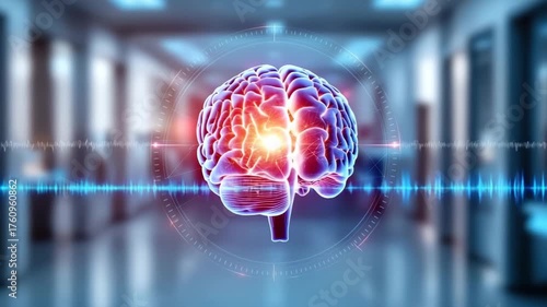 Human brain front view with holographic ring and radiant neural core glowing in red and orange light