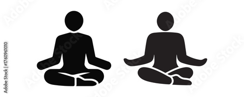Two Black Silhouette Figures Seated in Lotus Position on a White Background