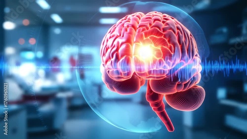 Detailed visualization of glowing human brain surrounded by thin holographic ring in research environment