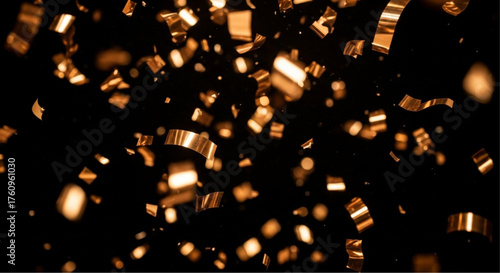 Golden confetti floats in mid-air against a rich black backdrop, creating a festive atmosphere. capturing a moment of celebration and delight. vector illustration overlay