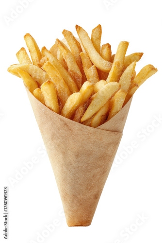 Golden brown french fries in a cone-shaped paper wrapper