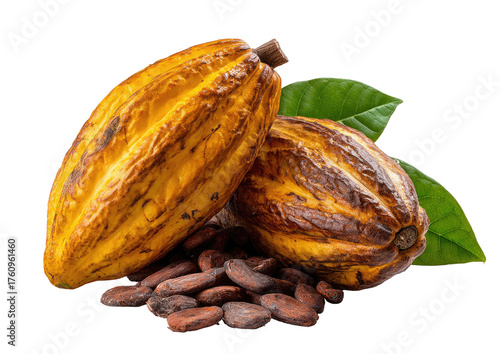 Two golden-yellow cacao pods, spotted with dark-brown, resting on dried cacao beans with vibrant green leaves