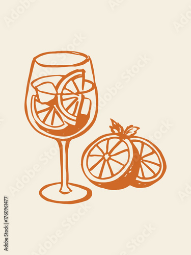 Orange cocktail with citrus slices minimalist sketch vector illustration