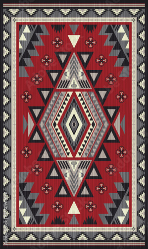 Ganado navajo rug traditional native american tribal pattern.Diamond central border fret geometric red,black,white,grey colors.Ethnic classic carpet Gando Arizona,Aztec,Southwest vector illustration.