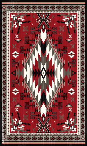 Ganado navajo rug traditional native american tribal pattern.Diamond central border fret geometric red,black,white,grey colors.Ethnic classic carpet Gando Arizona,Aztec,Southwest vector illustration.