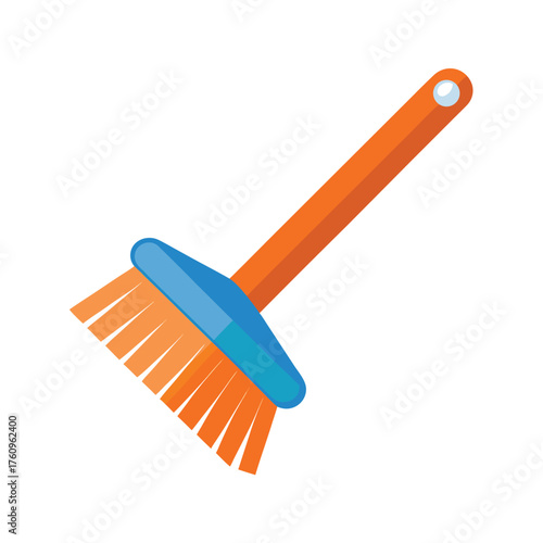 Broom with orange bristles and handle on white background