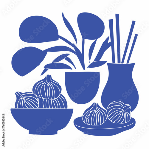 Minimalist dim sum illustration in blue and white with traditional Asian food elements, modern graphic art style