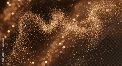 Golden glitter swirls gracefully, creating a magical bokeh effect, reminiscent of stardust, ideal for designs, with a sense of wonder and elegance. vector illustration