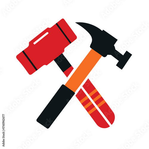 Crossed hammer and mallet on white background Keywords: hammer, mallet, tools, construction, DI