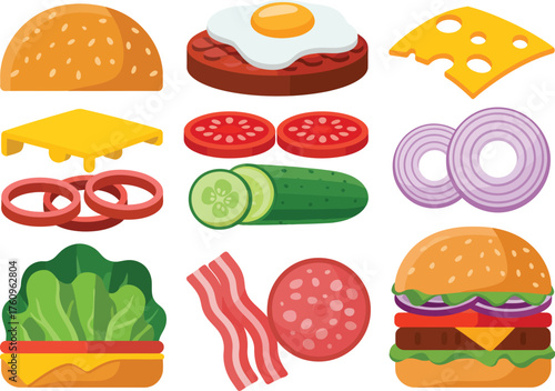 Burger constructor and ingredients set with patty, cheese, vegetables, and bun illustration elements