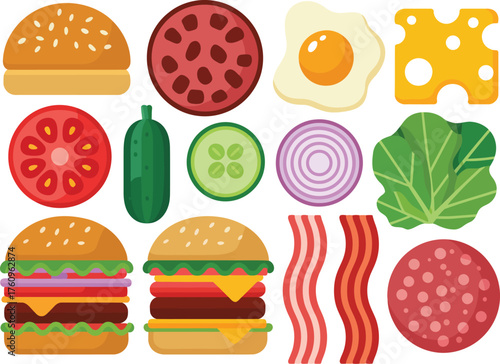 Delicious Food Icons Burger Ingredients, Slices, and Gourmet Food Elements Illustration