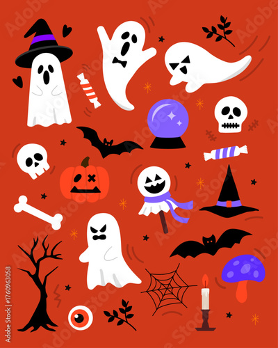 Cute Halloween Ghost and Pumpkin Illustration Set