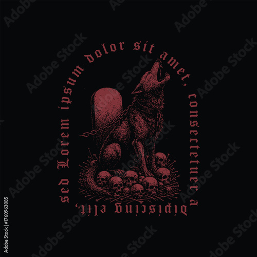 Dark gothic illustration of a chained howling wolf sitting before a gravestone, surrounded by human skulls and bones