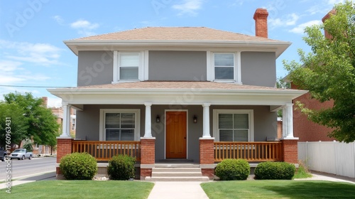 A lovely two-story house stands proudly with a welcoming porch. Bright sunlight highlights the neat landscaping and inviting entryway, showcasing a peaceful suburban atmosphere
