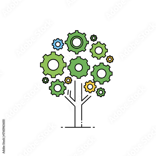 Colorful gear tree representing growth and innovation  