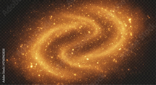 Golden cosmic swirl illuminating the vast expanse of the cosmos, with celestial bodies and stardust. vector illustration