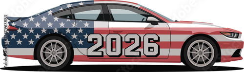 A Sleek Modern Sports Sedan Wrapped in the American Flag, Ready for the Future in 2026
