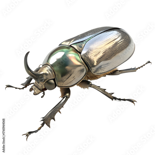 A striking close up of a rhinoceros beetle with horn isolated on transparent background for stock photography use