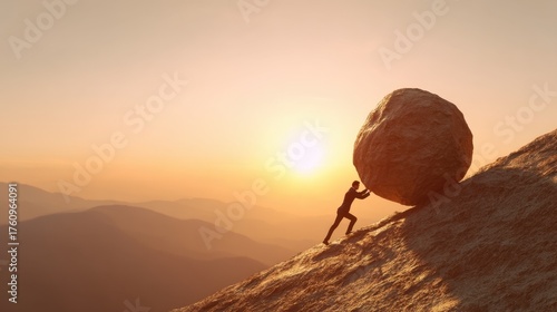 Man pushing giant stone uphill at sunset. Overcoming challenges and achieving success through hard work and perseverance concept. Business effort.
