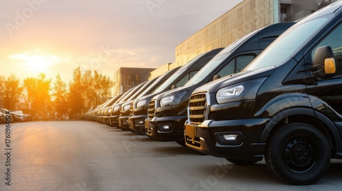Row of black vans parked at sunset. Fleet of commercial vehicles for business transportation and delivery service. Cargo logistic concept.