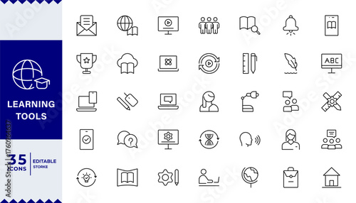 Pixel Perfect, Learning tools icons collection. Big UI icon set in a flat design. Thin outline icons pack. Thin line icons set of academic subjects and education. Outline symbol collection.