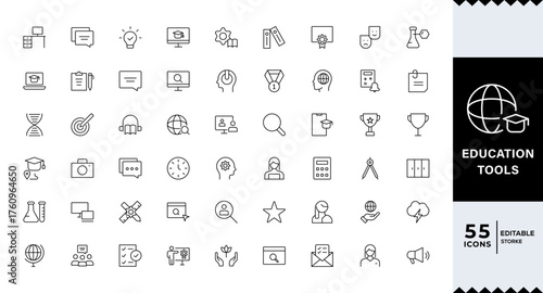Pixel Perfect, Learning tools icons collection. Big UI icon set in a flat design. Thin outline icons pack. Thin line icons set of academic subjects and education. Outline symbol collection.