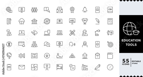 Pixel Perfect, Learning tools icons collection. Big UI icon set in a flat design. Thin outline icons pack. Thin line icons set of academic subjects and education. Outline symbol collection.