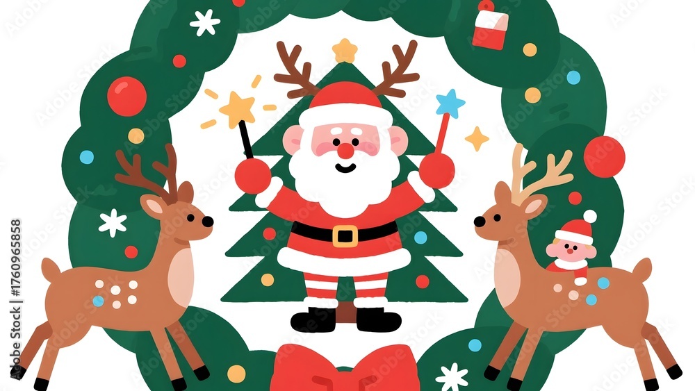 Fototapeta premium Santa Claus with reindeer and Christmas tree