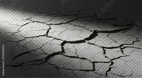 A stark close-up of parched earth reveals a network of deep, irregular cracks, a powerful visual representation of drought, environmental distress, and resilience.