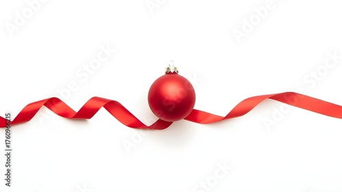 Christmas Tree Ball and Ribbon Flat-Lay Isolated on White Background