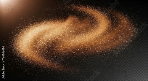A dynamic vortex of golden dust swirls dramatically, creating a sense of ethereal beauty and cosmic mystery. Capturing the interplay of light and shadow. vector illustration