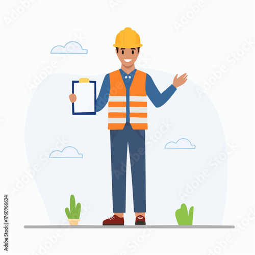 Full body vector illustration of a bearded man in a yellow hard hat and orange safety vest, holding a clipboard and signaling with his raised hand. Represents safety, inspection, and professional work