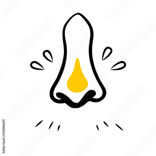 A doodle-style runny nose icon with a yellow drop, symbolizing a cold, allergies, or nasal discomfort. Perfect for blogs about health, illness, or allergy relief.