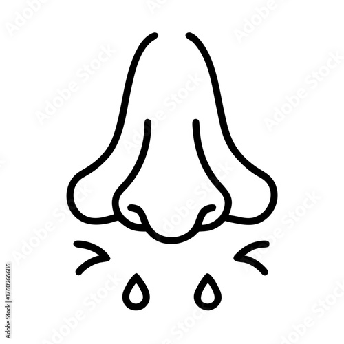 A minimalist line icon of a runny nose with a dripping droplet, symbolizing a cold or allergies. Ideal for blogs on health, sickness, or allergy relief.