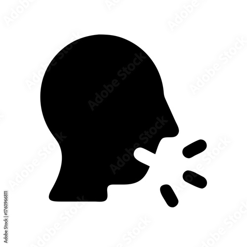 A minimalist black silhouette of a person's head coughing or speaking, symbolizing communication or illness. Ideal for blogs on speech, health, or alerts.