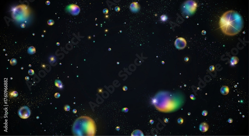 Colorful soap bubbles, gleaming against the darkness, create a captivating display of light and refraction, offering a sense of wonder and childlike fascination.