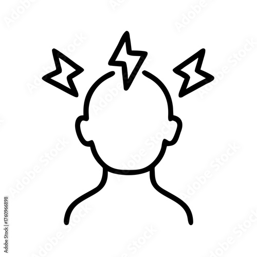 A minimalist line icon of a head with a lightning bolt, symbolizing a headache, pain, or a sudden idea. Ideal for blogs on health, creativity, or problem-solving.