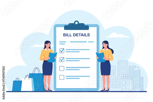 Two women reviewing bill details on a large clipboard with shopping bags suggesting expenses