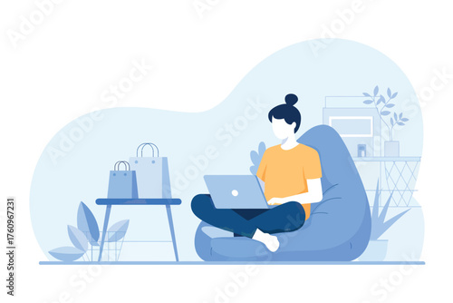Woman working remotely on laptop enjoying comfort of beanbag chair in minimalist home office scene