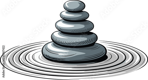 Zen Garden Sketch with Raked Sand and Stacked Stones Vector IllustrationZen Garden Sketch with Raked Sand and Stacked Stones Vector Illustration