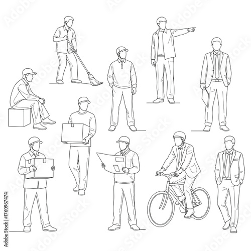 Line Art Illustrations of Men in Different Occupations and Activities silhouette people