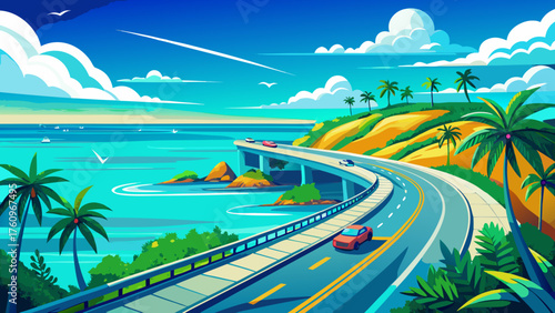 Very beautiful scenic drive along Key West Highway, featuring stunning ocean views, sparkling turquoise waters, and vibrant blue skies stretching across the horizon, perfect for a leisurely coastal 