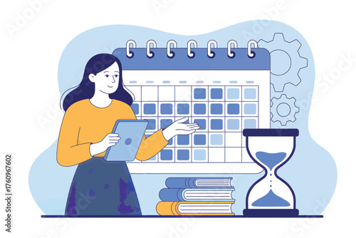 Woman reviewing schedule on tablet near hourglass and calendar for effective time management and planning