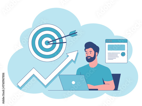 Man with laptop achieves business goals with arrow hitting target and upward growth chart illustration