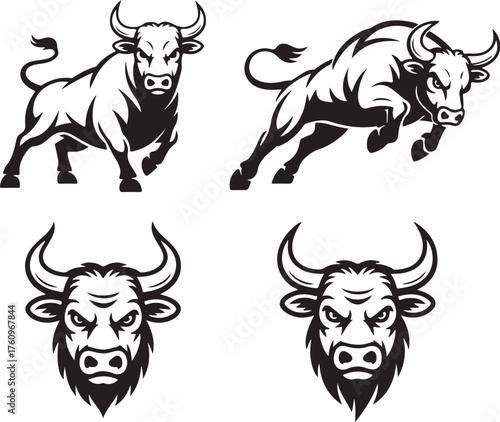 Aggressive Bull Set Silhouette Power Strength Black