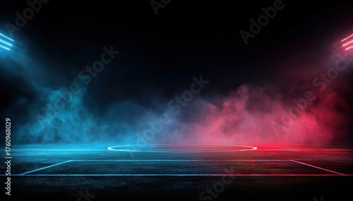 An empty soccer field illuminated by vibrant neon lights creates a dynamic atmosphere. The striking blue and red colors contrast against the black floor, offering a unique backdrop for presentations.