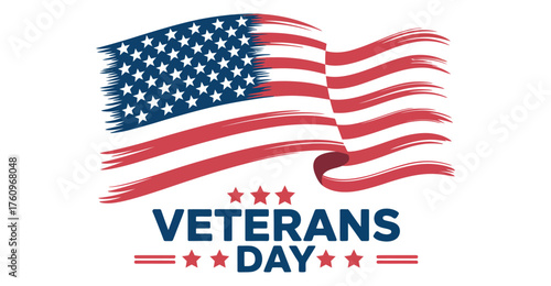Veterans Day tribute with bold blue text, stylized American flag, and red stars—honoring U.S. military service with patriotic pride