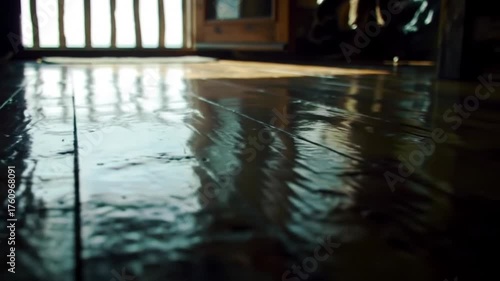 Wet wooden floor reflecting light from a window with vertical blinds