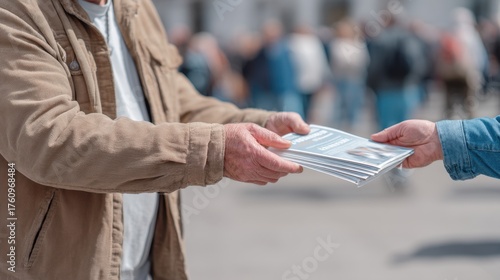Person Distributing Flyers in a Busy City Street for Missing Person Information Amidst a Crowd of People on a Vibrant Day
